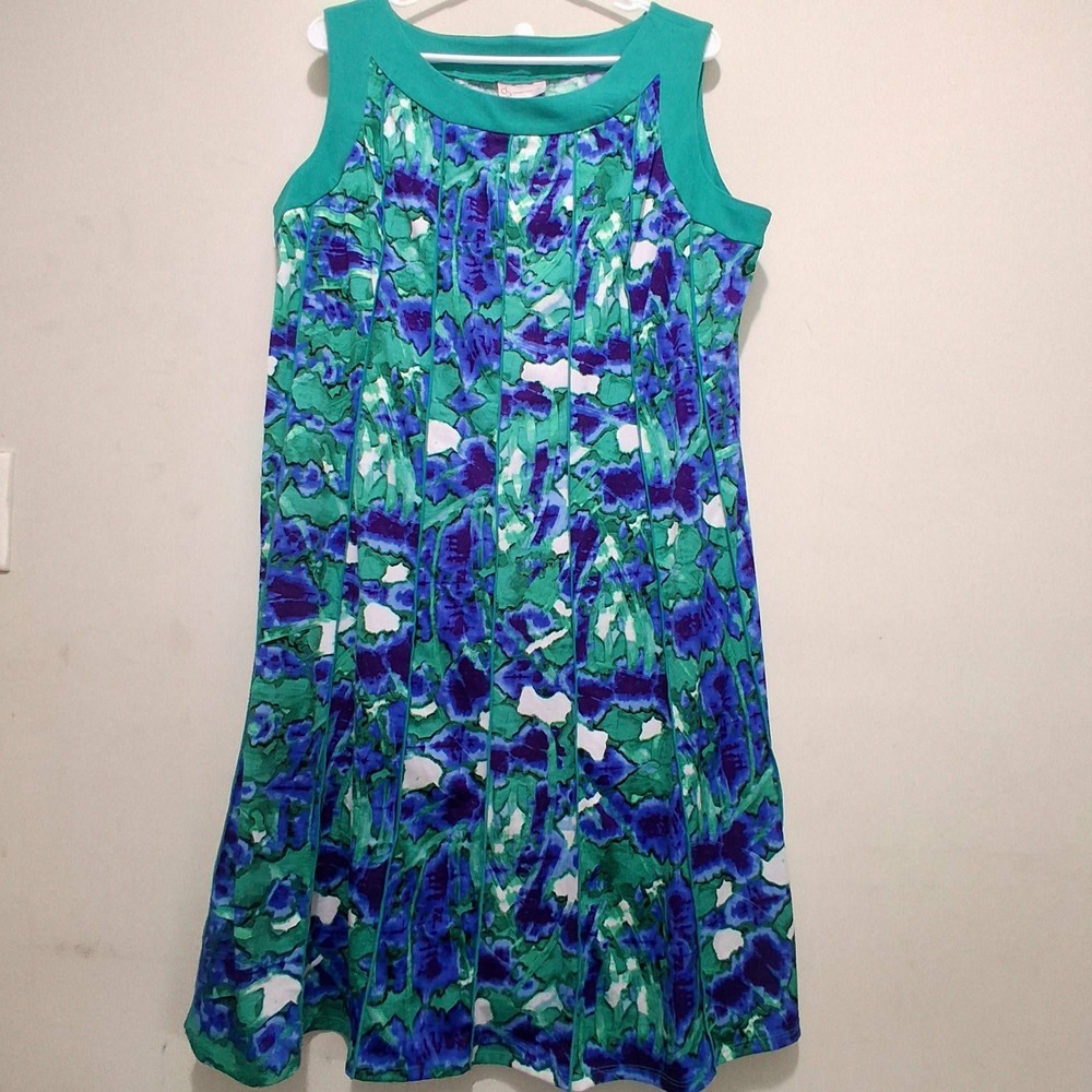 Mod Retro Woman Sz 16 Green Blue Abstract Floral Shift Dress Cb established 1962